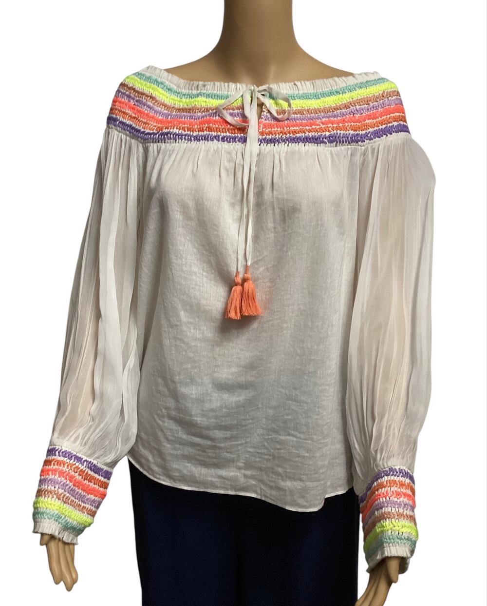 Alice + Olivia Sharyl Rainbow Smocked Off-the-Shoulder Peasant Blouse Tassel M